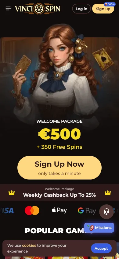 Vincispin Casino home screen on mobile