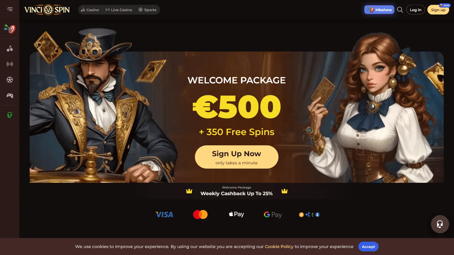 Vincispin Casino home screen on desktop