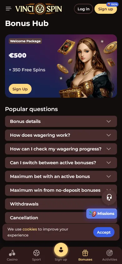 Vincispin Casino promotions screen on mobile