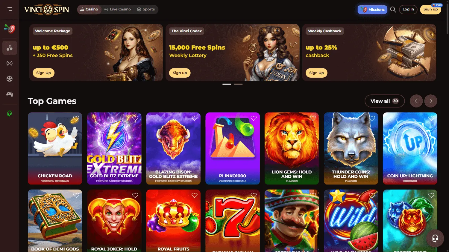 Vincispin Casino promotions screen on desktop